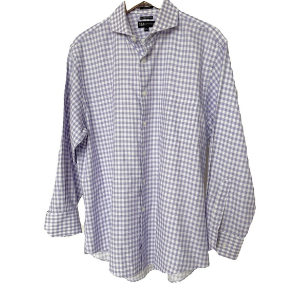 Neiman Marcus Men's Purple Gingham Check Classic Fit Button-Up Dress Shirt 16.5 - Picture 1 of 8